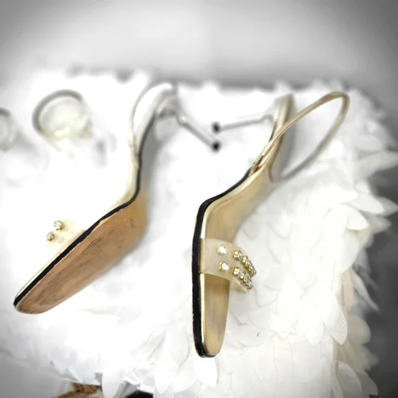 Zara shoes gold metallic kitten slingback heels  clear embellished vamp size 9 - Picture 3 of 11